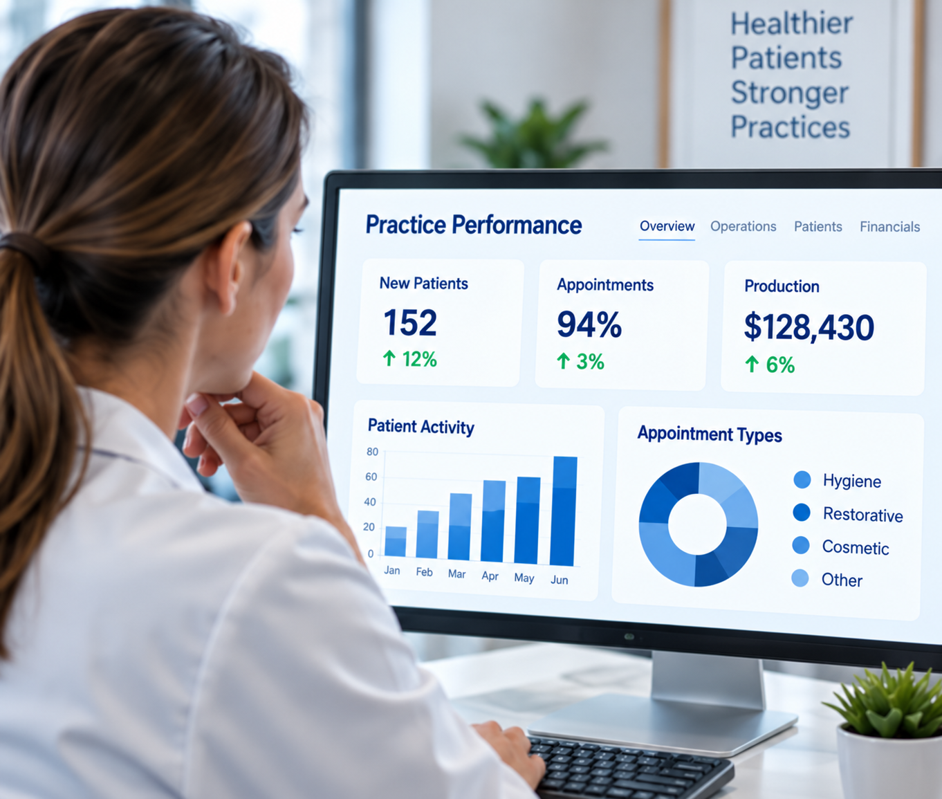 Dental practice performance dashboard showing operational activity